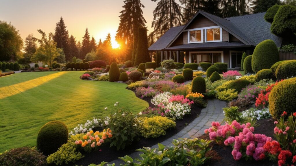 A beautiful front yard with a well-maintained lawn and colorful flowers