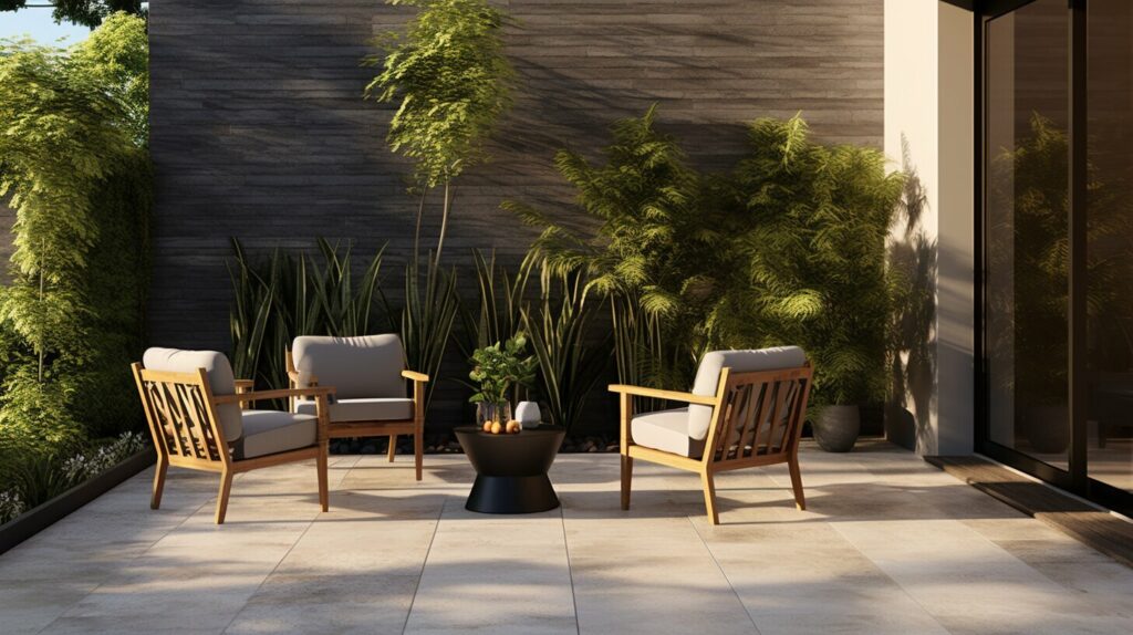 Landscaping with a patio and chairs